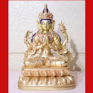 AVALOKITESVARA BUDDHA EXQUISITE 9.3 IN STATUE-4 Arms-Bodhisattva Handmade Copper